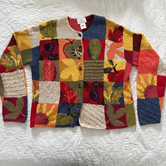 Vtg Susan Bristol Hand Knit Multicolor GrannyCore Patchwork Cardigan WMs M EUC - Picture 1 of 12